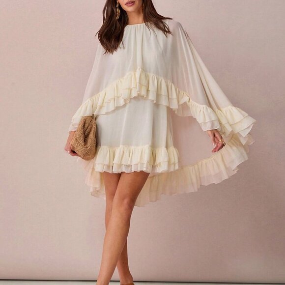 Apricot Boho Womens Romantic Cape Ruffle Hem Mini Dress - Picture 3 of 7